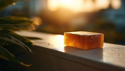 Golden bar soap on a balcony at sunset.  Soft light highlights a rectangular, amber-hued bar of soap resting on a white railing.  Out-of-focus greenery and a blurred sunset backdrop complete the scene