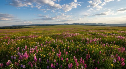 Wildflower Meadow under Blue Sky: A vibrant landscape painted with wildflowers, stretching towards the horizon under a dynamic blue sky, evoking feelings of serenity and the beauty of nature.