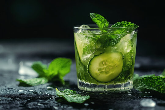 Mint and cucumber elixir in hand-blown glass with fresh herbs