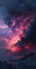 Dramatic sunset storm clouds with vibrant lightning