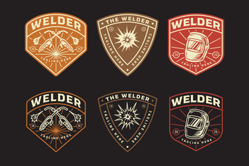 Torches crossed with burning, Spark and Welding helmet protection gear retro badge logo vector design collection set for industrial, workshop, garage, factory, welder, worker, service and repair