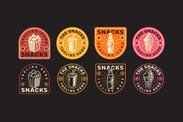 Popcorn, soda cups, soft drink bottles, and ice cream cones retro badge logo vector design collection set for restaurant, cafes, bar, culinary, snack, street food