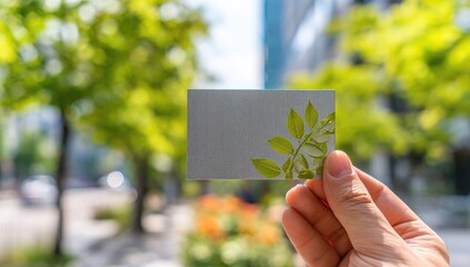 Hand holding a light gray business card with a subtle floral design.  Out-of-focus city and trees in background