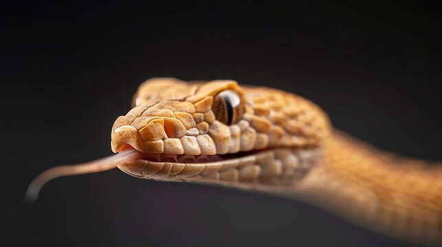 Close up of a tan snake with its tongue flicking