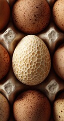 Unique egg in carton, textured cream, surrounded by brown