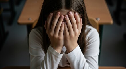 Obraz premium Schoolgirl sitting at desk in classroom covering eyes with hands and crying, bullying concept, student problems