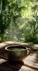 A mug of steaming hot drink sits on a wooden table, bathed in sunlight filtering through lush greenery