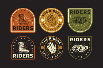 Motocross riders badge logo set with boots, gloves, goggles. Vintage off road riders emblem logo design featuring motocross protective gear for extreme sports. Vector Illustration