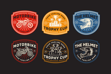Motorbike, helmet, trophy cup retro badge logo set for motocross sport. Vintage racing emblem set for motocross competition. Off road motocross insignia pack with motorcycle, trophy podium, headgear © salzcreative