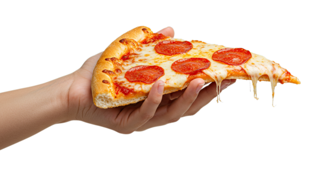 Delicious Pepperoni Pizza Slice Held in Hand a Perfect Appetizing Food Treat isolated on transparent background