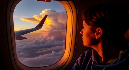 Window Seat Horizon: Capturing a moment of contemplation and serenity. The photograph captures a woman gazing out of an airplane window at a vibrant sunset or sunrise.