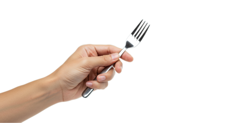 A Human Hand Gently Holding a Metal Fork Ready for a Delicious Meal Isolated on Transparent Background