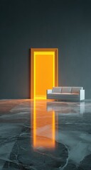 Empty room, glowing orange door, white couch