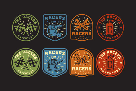 Racing flags crossed, helmet, wrench crossed, fuel tank retro badge logo design set. Vintage racers adventure label patch design collection with checkered flag, racing helmet, wrench, fuel jerrycan - Powered by Adobe