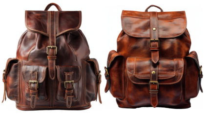 Vintage Leather Backpack With Distressed Texture And Unique Patterns On A Transparent Background