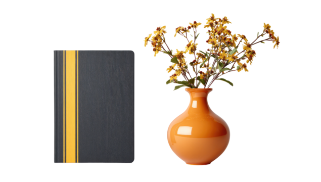 A dark gray notebook with a gold stripe sits beside a terracotta vase holding a cluster of yellow flowers