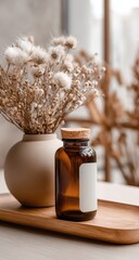 A light beige tray holds a muted brown glass bottle and a vase of dried flowers.  Natural light filters through a window