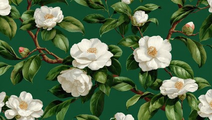 Fototapeta premium Floral print of white camellias on a deep green background. Detailed botanical illustration of blossoms, leaves, and stems