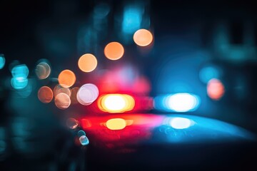 Blurry night cityscape with emergency vehicle lights