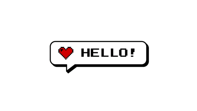 HELLO! message in a neubrutalism style comment balloon. 8-bits pixel art graphic element with a heart icon. Retro gaming aesthetic overlay with transparent background for easy use. - Powered by Adobe