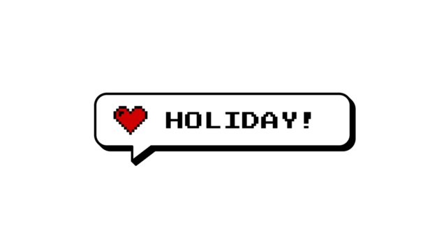 Holiday message with red heart in a neubrutalism style comment balloon. Retro 8-bit pixel art graphic element for gaming or social media. Isolated illustration on a transparent background.