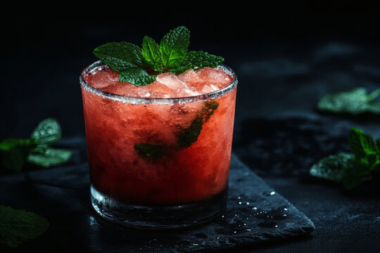 Mint and watermelon elixir in vintage glass with fresh leaves