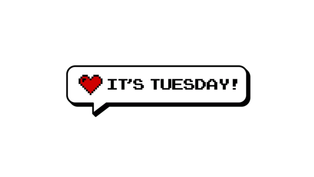 It's Tuesday text in a neubrutalism style comment balloon with a heart. 8-bit pixel art design element for gaming or social media. Isolated retro badge on a transparent background for easy overlay. - Powered by Adobe