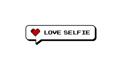 LOVE SELFIE text on a comment balloon in a neubrutalism, 8-bit pixel art style. Retro gaming notification with a heart icon for social media. Isolated element with transparent background.