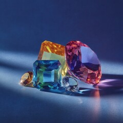 Colorful gemstones on a dark blue surface