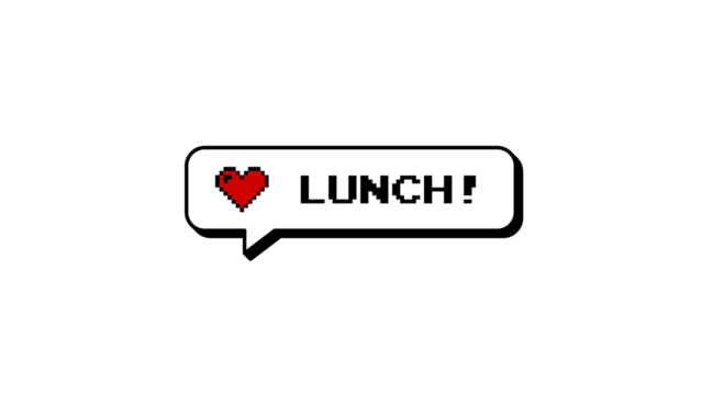 Lunch! text in a neubrutalism 8-bit pixel art comment balloon with a heart icon. Retro game style message badge overlay. Graphic element isolated on a transparent background for alpha channel.