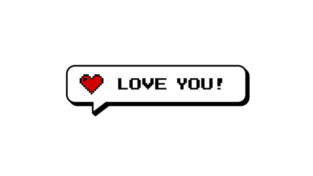 Love You text with heart icon in a neubrutalism style comment balloon. 8-bit pixel art design for retro games. Speech bubble element isolated on a transparent background for easy overlay.