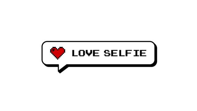 LOVE SELFIE text on a comment balloon in a neubrutalism, 8-bit pixel art style. Retro gaming notification with a heart icon for social media. Isolated element with transparent background.