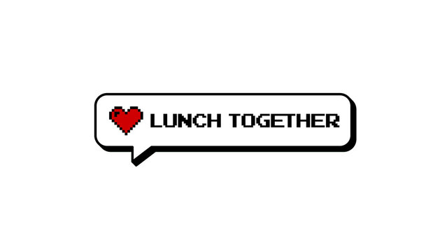 Lunch Together comment balloon in neubrutalism 8-bits pixel art style. Retro gaming speech bubble badge with a heart icon for social media overlay. Isolated graphic element with transparent background