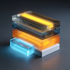 Stacked translucent blocks, glowing with vibrant hues, on a dark background