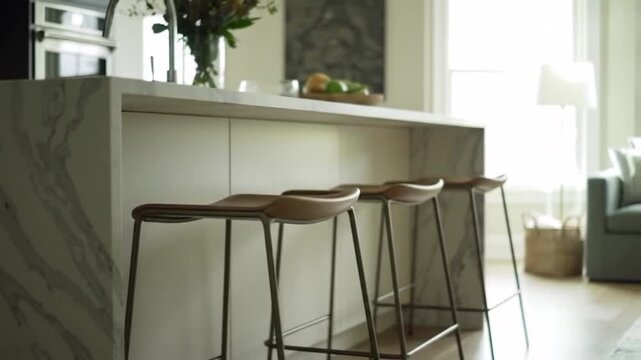 A minimalist kitchen island with three wooden stools and a light interior design look