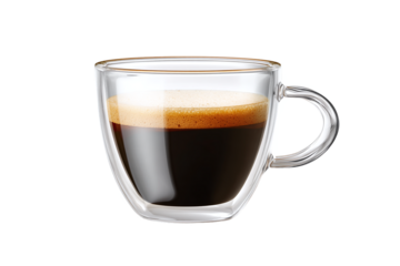 Double-Walled Glass Coffee Cup with Crema, Isolated on White Transparent Background