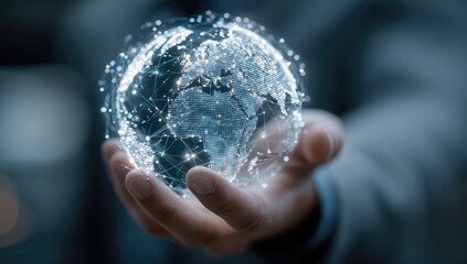 A hand holds a translucent globe, overlaid with a network of lines, representing global connectivity