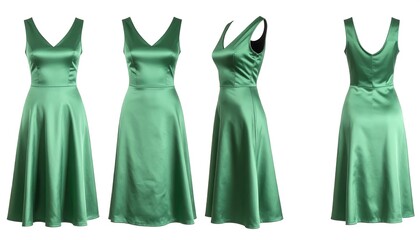 Four views of a green satin midi dress