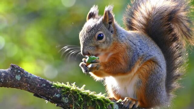 Squirrel perched on a mossy branch eating a nut in a forest on a sunny day outdoors