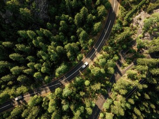 High-angle view of a winding road through a dense forest. A white car travels along the route