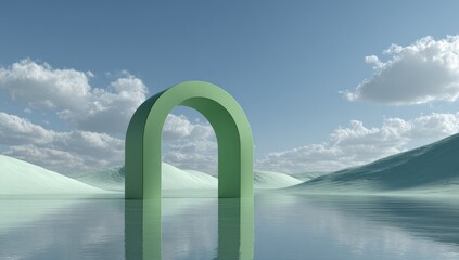 A light sage-green archway stands in a tranquil, pale mint-green landscape, reflected in a glassy water surface.  Clouds drift across a clear blue sky