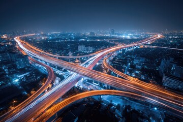 Night cityscape, highway overpass network, urban sprawl, light trails