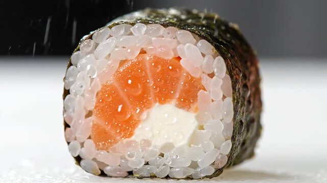 Fresh Salmon Sushi Roll Displaying Vibrant Orange Salmon with Creamy White Cheese and Pearly White Rice Wrapped in Dark Green Nori Seaweed on White Background for Japanese Cuisine