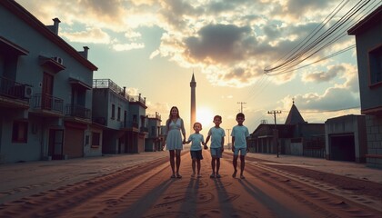 Family Walk at Sunset Hour