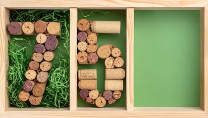 Wooden box display featuring the number 75, crafted from assorted wine corks, on a sage green background.