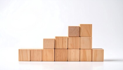 Light beige wooden blocks arranged in a staircase formation against a plain white background.  A simple, organized, and balanced composition