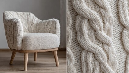 Cream-colored knitted armchair with wooden legs. Close-up of cable knit texture