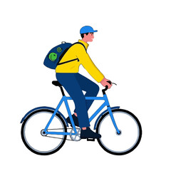 Naklejka premium Vector art of man wearing a yellow shirt and blue pants riding a bicycle with a backpack
