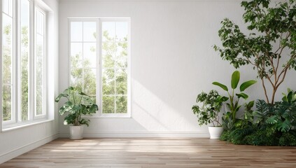 Bright, airy room with large windows and lush greenery