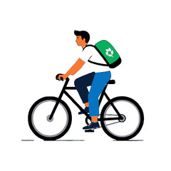 Obraz premium Vector art of man riding bicycle with green backpack featuring recycling symbol